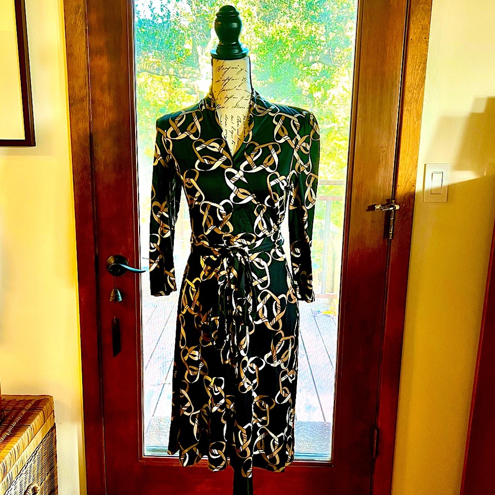 Banana Republic black and gold swirl, faux wrap dress, size Petite Medium